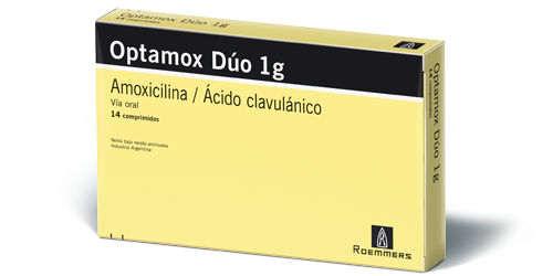 Optamox Duo Amoxicilina + Ácido Clavulanico 875mg/125mg Roemmers Caja x 14 Comprimidos