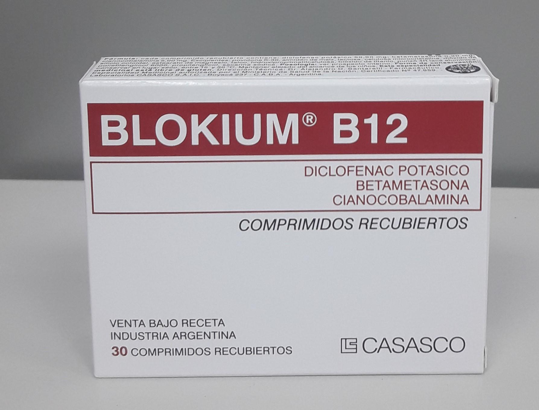 Blokium B12 Cianocobalamina + Betametasona + Diclofenaco Potásico 5mg/0.3mg/50mg Casasco Caja x 30 Comprimidos