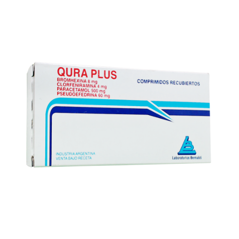 Qura Plus Paracetamol + Bromhexina Clorhidrato + Clorfeniramina Maleato + Pseudoefedrina Sulfato 500mg/8mg/4mg/60mg Bernabo Caja x 10 Comprimidos