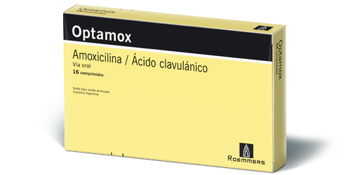 Optamox Amoxicilina + Ácido Clavulanico 500mg/125 mg Roemmers Caja x 16 Comprimidos