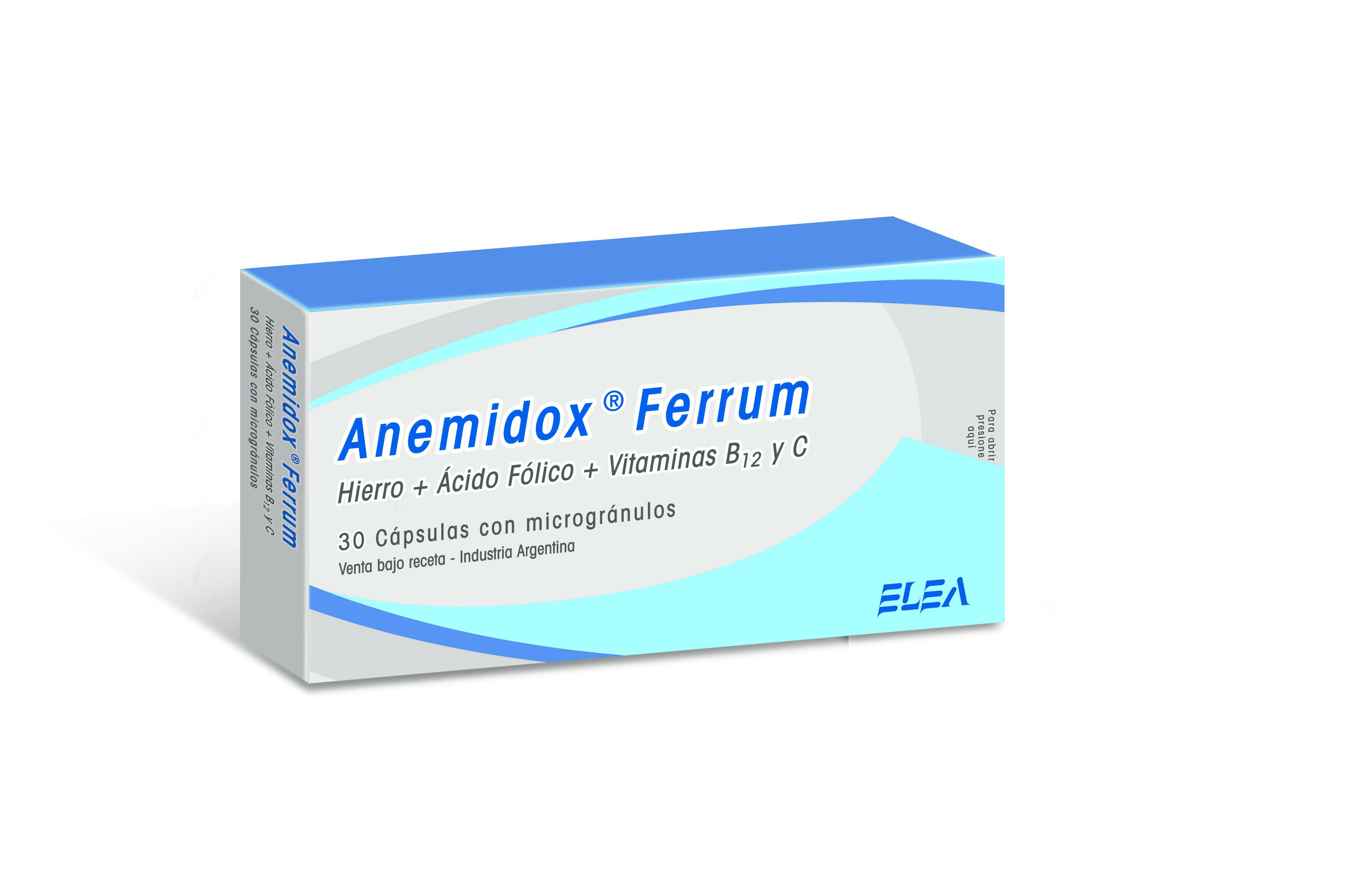 Anemidox-Ferrum Fumarato Ferroso + Vitamina B12 + Ácido Fólico + Ácido Ascórbico 330 mg/1000 mcg/7.5 mg/100 mg Elea Phoenix Caja x 30 Cápsulas