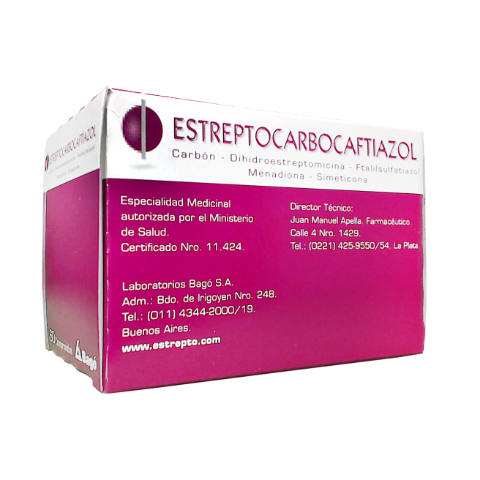 Estreptocarbocaftiazol Ftalilsulfatiazol + Simeticona + Dihidroestreptomicina + Carbon Activado + Menadiona 500mg/20mg/50mg/200mg/0.5mg Bagó Caja x 60 Comprimidos