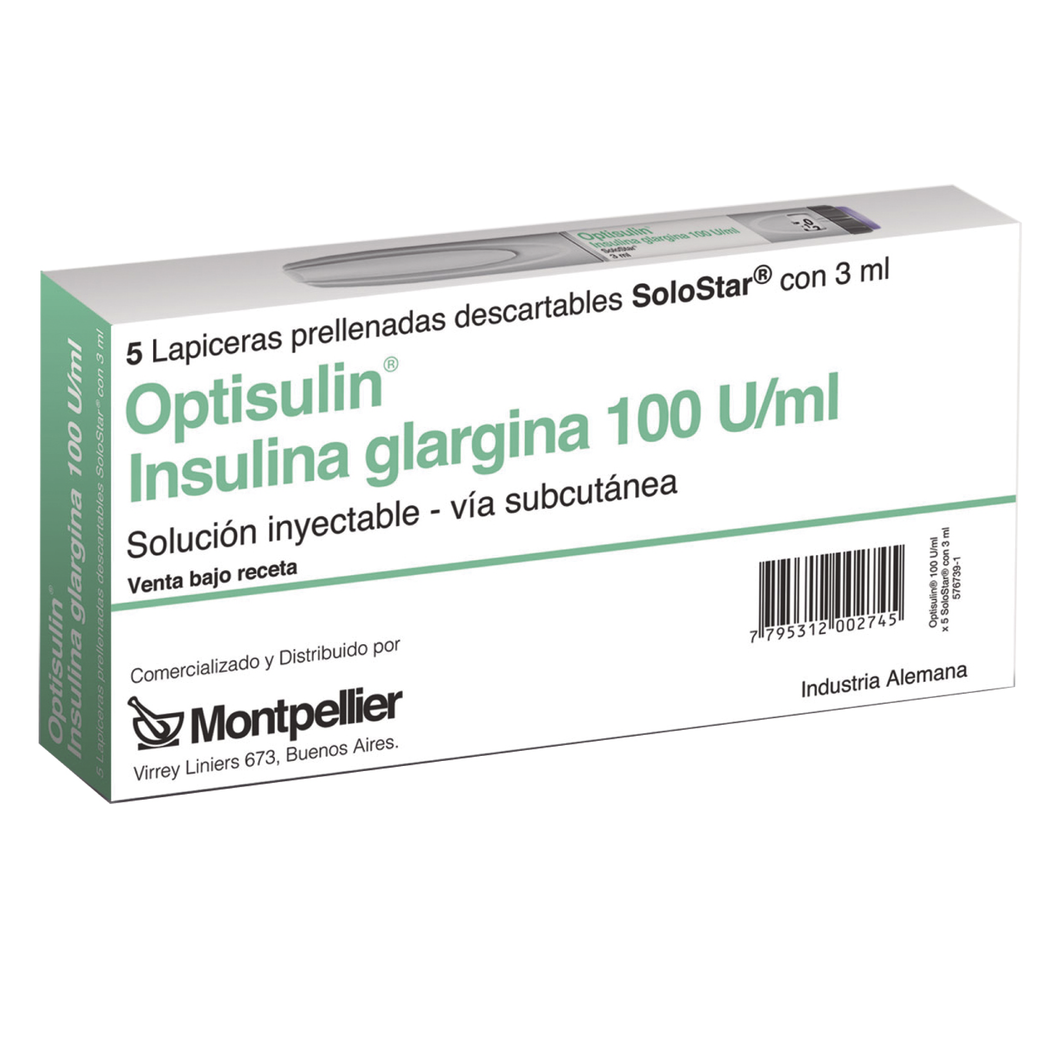 Insulina Optisulin Solostar Glargina 100 UI Sanofi Caja x 5 Lapiceras ...