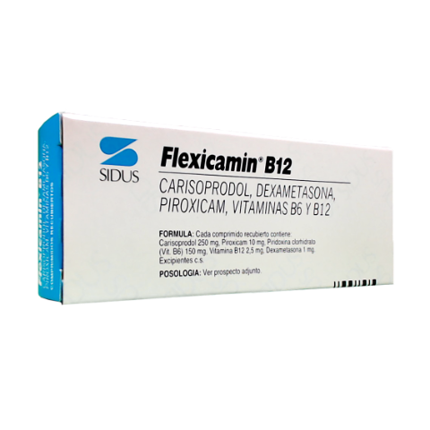 Fleicamin B12 Carisoprodol + Piroxicam + Hidroxocobalamina + Dexametasona + Piridoxina 250mg/10mg/2.5mg/1mg/150mg Sidus Caja x 10 Comprimidos