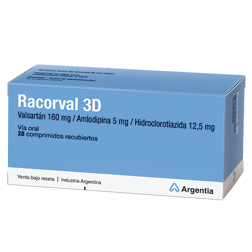 Racorval 3D Amlodipina + Valsartan + Hidroclorotiazida 10mg/160mg/12,5mg Roemmers Caja x 28 Comprimidos