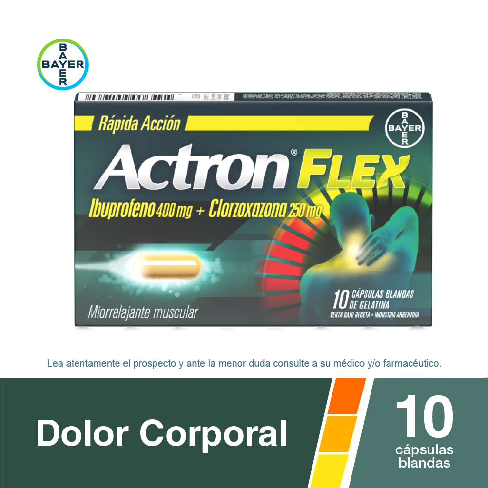 Actron Flex Rápida Acción Clorzoxazona + Ibuprofeno 250 mg/400 mg Bayer Caja x 10 Cápsulas