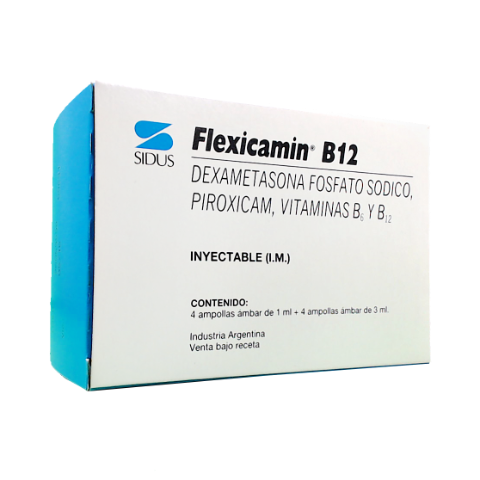 Flexicamin B12 Piroxicam + Piridoxina Clorhidrato + Dexametasona + Vitamina B12 20 mg/ml/250 mg/3 ml/2 mg/3 ml/10 mg/3 ml Sidus 4 Ampollas x 1 ml