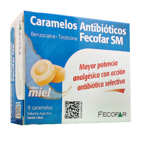 Caramelos Antibióticos Tirotricina + Benzocaína 1.04mg/20.7 mg Fecofar Caja x 9 Caramelos