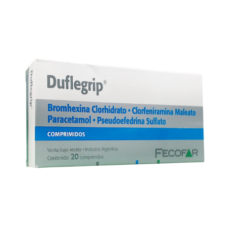 Duflegrip Paracetamol + Pseudoefedrina Sulfato + Bromhexina Clorhidrato + Maleato de Clorfeniramina 500mg/60mg/8mg/4mg Fecofar Caja x 20 Comprimidos