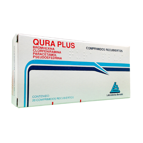 Qura Plus Paracetamol + Bromhexina Clorhidrato + Clorfeniramina Maleato + Pseudoefedrina Sulfaro 500mg/8mg/4mg/60mg Bernabó Caja x 20 Comprimidos