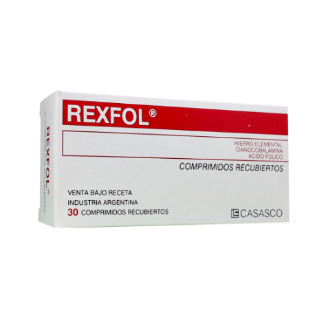 Rexfol Cianocobalamina + Ácido Fólico + Hierro Elemental 0.2mg/0.5mg/100mg Casasco Caja x 30 Comprimidos