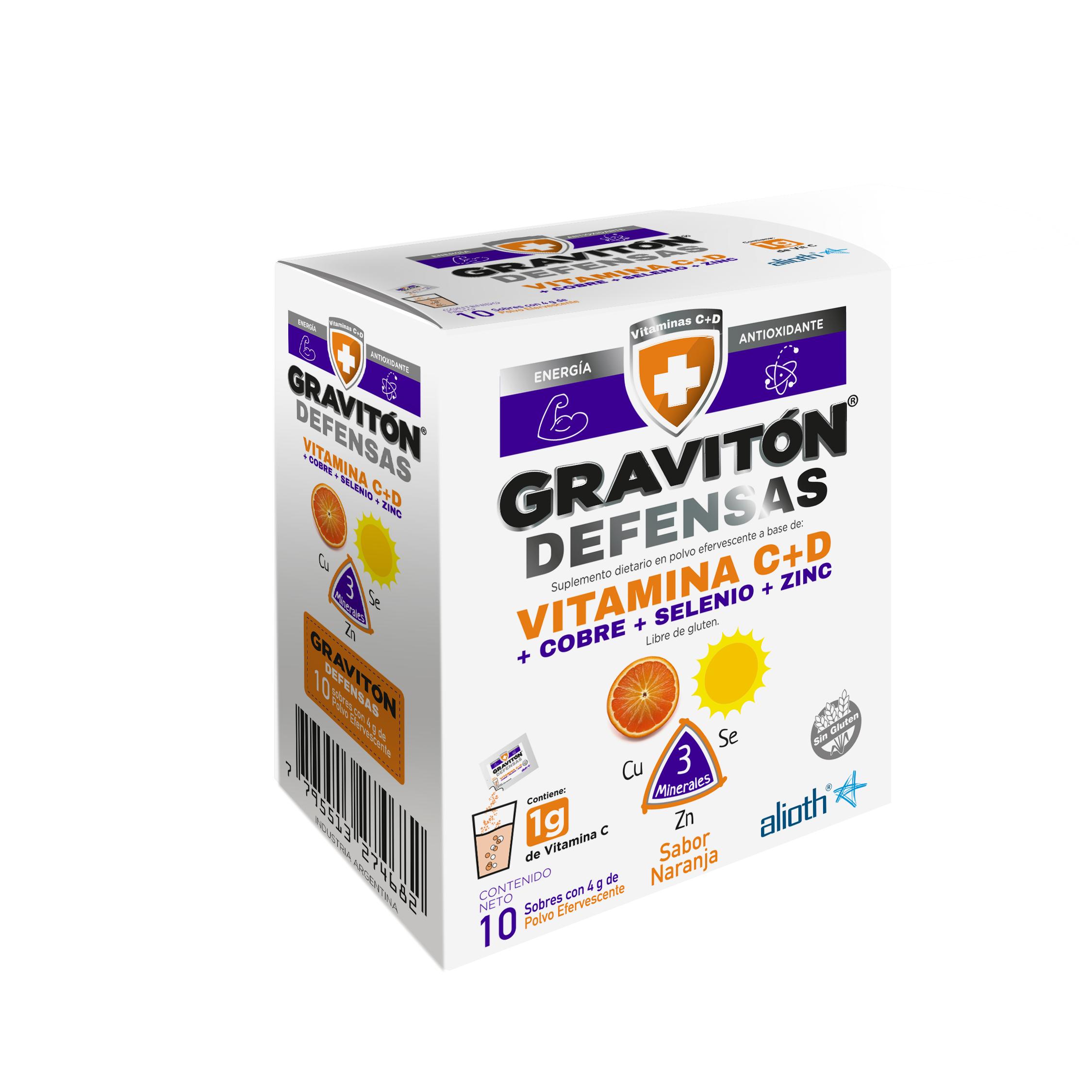 Gravitón Defensas New Vitamina C+D + Cobre + Selenio + Zinc 1000mg/10mμ/1,5mg/34mμ/25mg Alioth Caja x 10 Sobres