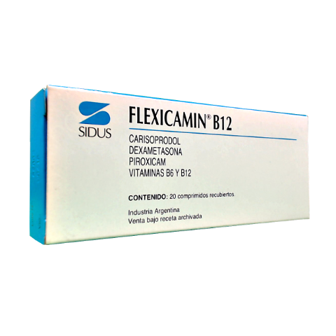 Fleicamin B12 Carisoprodol + Piroxicam + Hidroxocobalamina + Dexametasona + Piridoxina 250mg/10mg/2.5mg/1mg/150mg Sidus Caja x 20 Comprimidos